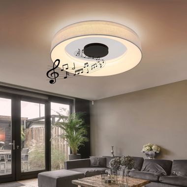 LED ceiling light, dimmable, loudspeaker, textile, D 47 cm