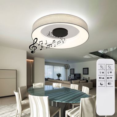 LED ceiling light, dimmable, loudspeaker, textile, D 47 cm