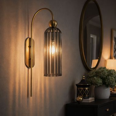 Wandleuchte, Metall, Glas, Gold, H 53,5 cm 