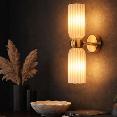 Lampa ścienna, metal, szkło, biały, złoty, wys. 43,5 cm