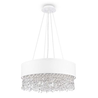 Lampe à suspension, tentures en cristal, métal blanc, abat-jour en tissu, E14