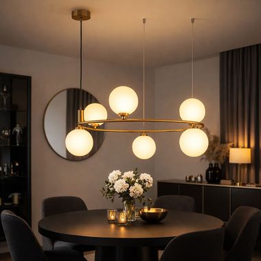 Hanglamp, metaal, messingkleurig, wit glas, hoogte 178cm