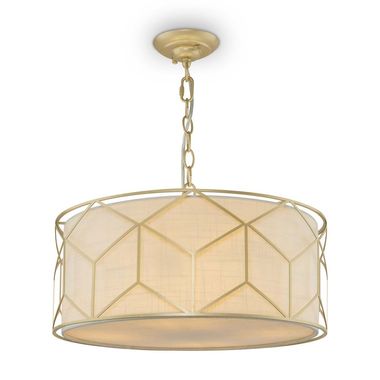 Suspension lamp, gold-colored metal, white fabric shade, E27