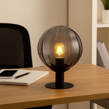 Tischleuchte, Metall, Schwarz-matt, Glas Rauchfarbe, D 23 cm