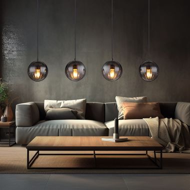 Pendelleuchte, Metall, Schwarz-matt, Glas Rauchfarbe, 4-Flammig