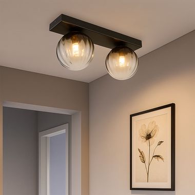 Plafondlamp, mat zwart, rookglas, L 35 cm