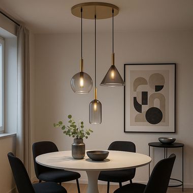 Pendelleuchte, Metall, Glas rauch, Messing, 3-Flammig