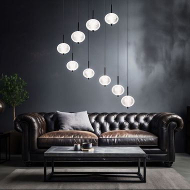 LED pendant lamp, black metal, clear glass balls, H 300 cm