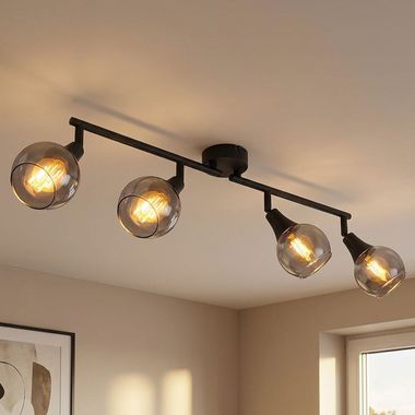 Lampa sufitowa, metal, szkło, czarny, 4 światła, ruchome reflektory punktowe