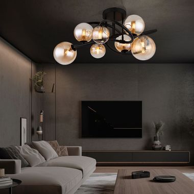 Plafonnier LED noir, boules en verre ambre, D 62 cm