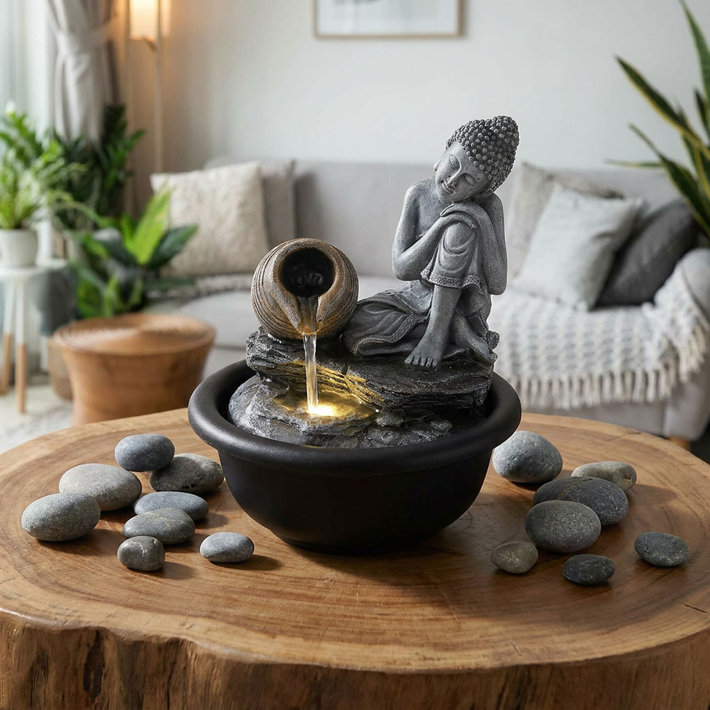 Zimmerbrunnen, Schwarz-matt, Buddha, LED-Licht, H 19 cm | ETC Shop