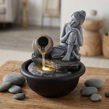 Fontanna wewnętrzna, czarny mat, Budda, oświetlenie LED, wys. 19 cm
