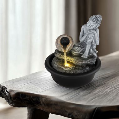Zimmerbrunnen, Schwarz-matt, Buddha, LED-Licht, H 19 cm