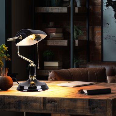 Table lamp, banker's lamp, black gold metal, H 34 cm