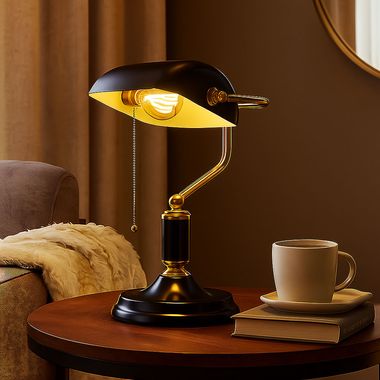 Lampa stołowa, lampa bankierska, metal czarny złoty, wys. 34 cm