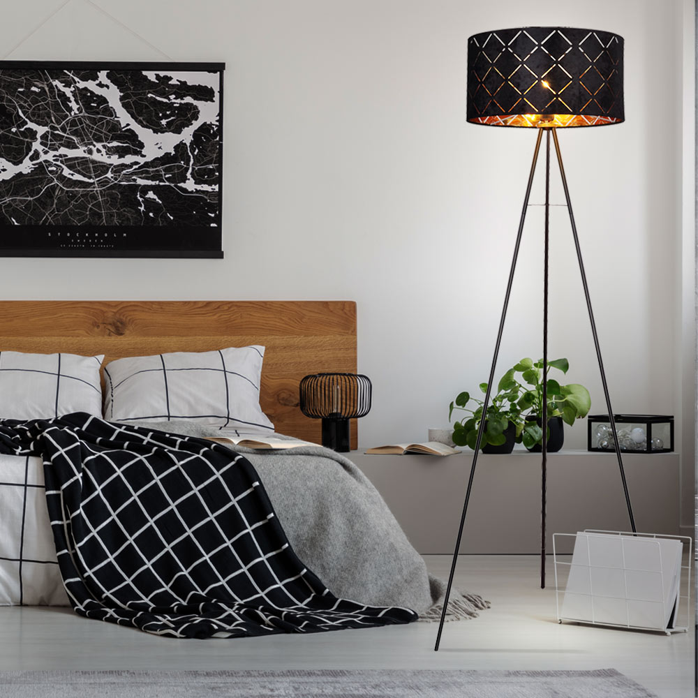 LED Stehleuchte Textil Schwarz gold Stativ Gestell H 149cm ETC Shop led-stehleuchte-textil-schwarz-gold-stativ-gestell-h-149cm-etc-shop