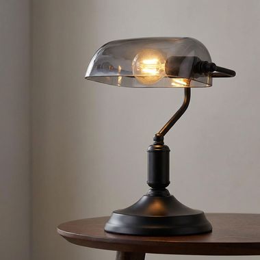 Lampa stołowa, lampa bankierska, czarny metal, przydymione szkło, wys. 32 cm