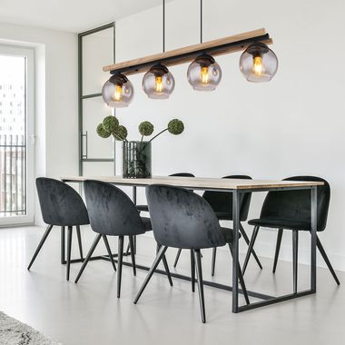 [Bundle] Hanging lamp, metal, oak wood, black, 4 lights, L 85cm