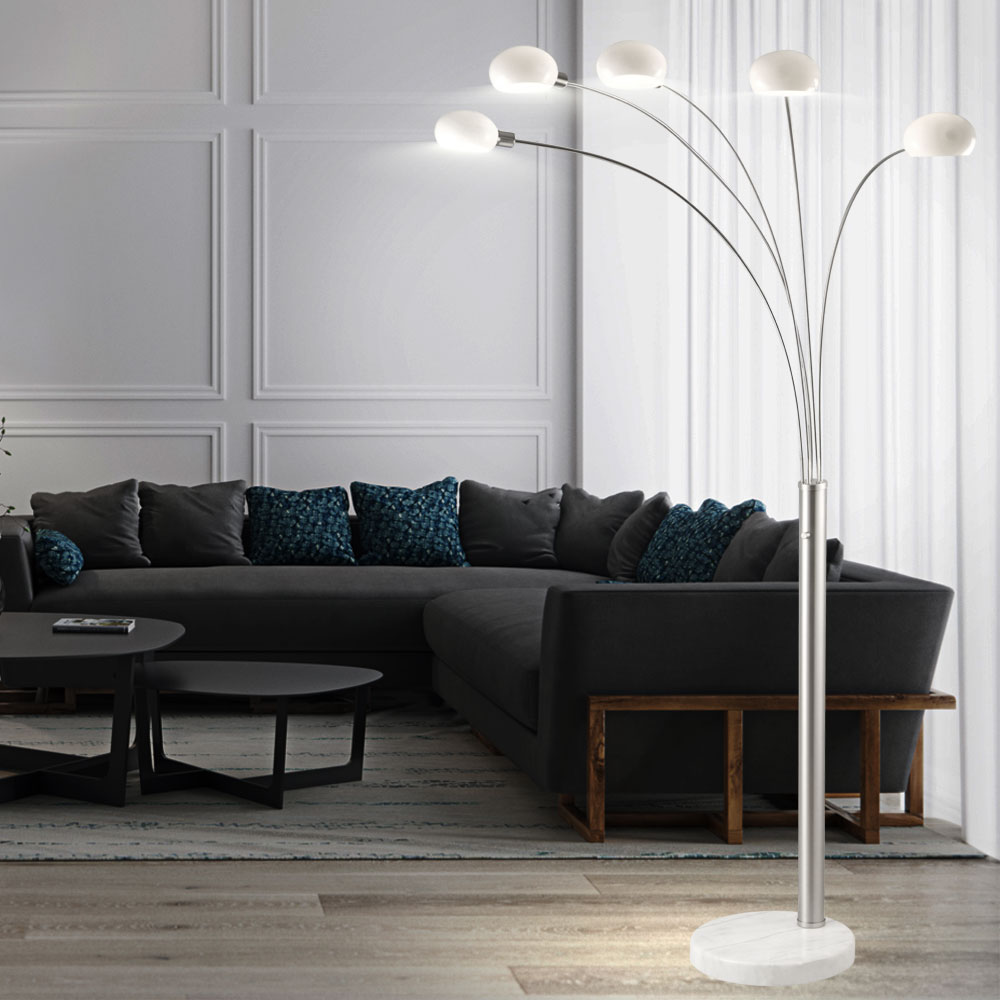 stehlampe, marmor, glas weiß, 5-flammig, dimmer, h 210 cm