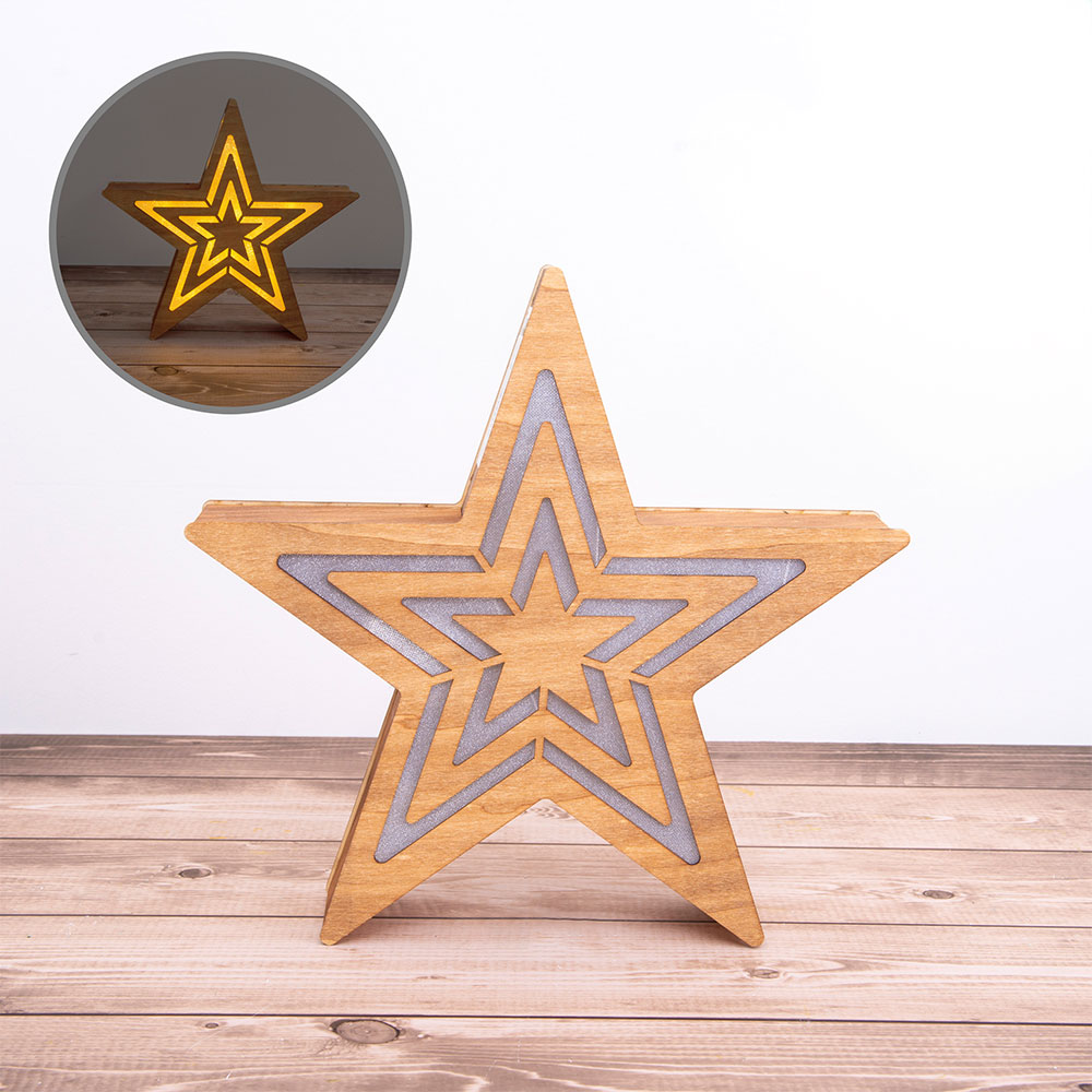 LED Adventsstern, Holz, natur, Timer, Batterie, H 33 cm | ETC Shop