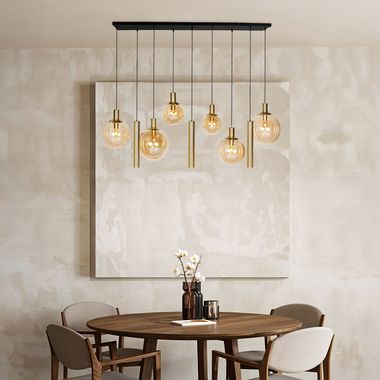 Pendant light, metal, glass, brass, LED spots, L 140 cm