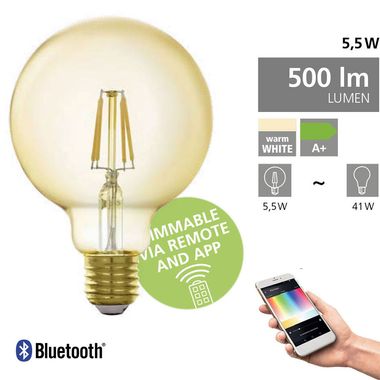 Smart LED bulb, amber, E27, 500lm, dimmable, DxH 9.5x14 cm