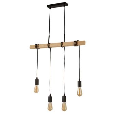 Hängeleuchte, 4-Flammig, Holzbalken, Höhenverstellbar, L 70 cm