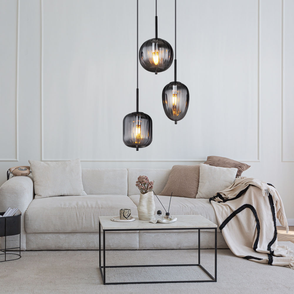 Hanging lamp pendant light ceiling lamp living room lamp dining room lamp, metal black glass smoke colored, 3 bulbs E14, H 120 cm | ETC Shop: lamps, furniture, technology, household. All from Hanging lamp pendant light ceiling lamp living room lamp dining room lamp, metal black glass smoke colored, 3 bulbs E14, H 120 cm | ETC Shop: lamps, furniture, technology, household. All from