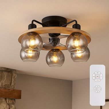 Ceiling fan, wood, remote control, smoked glass, D 55 cm