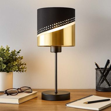 Tischleuchte, Textil, Metall, schwarz, gold, H 38 cm