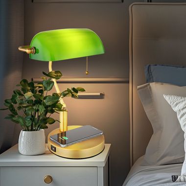 Lampe de table LED, lampe de banquier, laiton, verre vert, H 36 cm