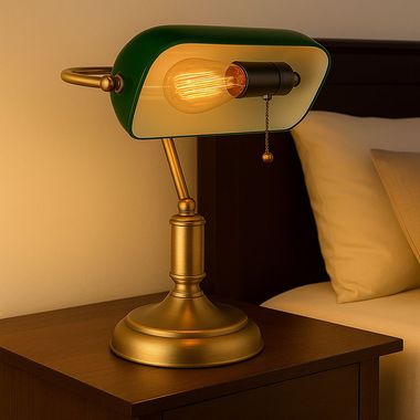 Tafellamp, bankierslamp, trekketting, antiek messing, groen, H 36 cm