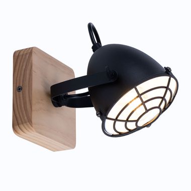 Wall light, metal, black, wood, movable spot, L 11cm