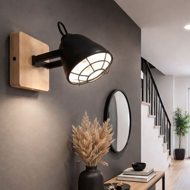 Wandleuchte, Metall, schwarz, Holz, Beweglicher Spot, L 11cm