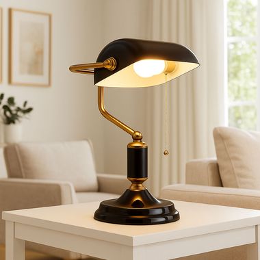 Lampe de table LED, lampe de banquier, métal noir or, H 34 cm