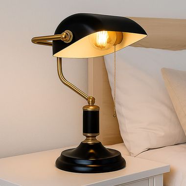 [Paket] LED Tischleuchte, Bankerlampe, Metall schwarz gold, H 34 cm