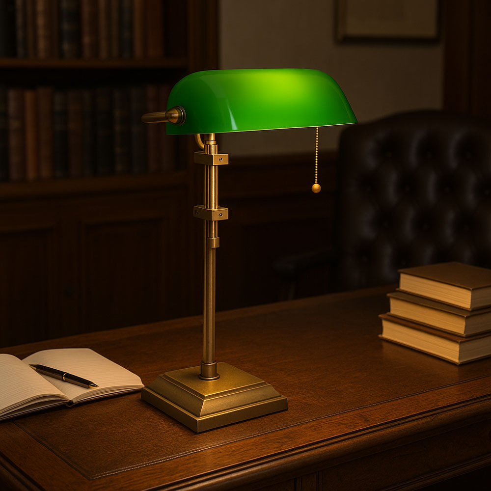 HOFSTEIN Bankerlampe Retro Tischleuchte – Metall In Poliertem Messing, Grüner Glasschirm, E27-Fassung, Höhe 38 Cm – Ohne Leuchtmittel