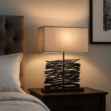 Lampa stołowa, drewno, klosz z tkaniny, szary, czarny, wys. 50 cm
