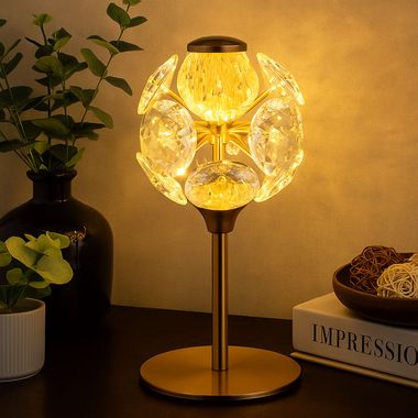LED table lamp, gold, clear crystals, h 26.5 cm