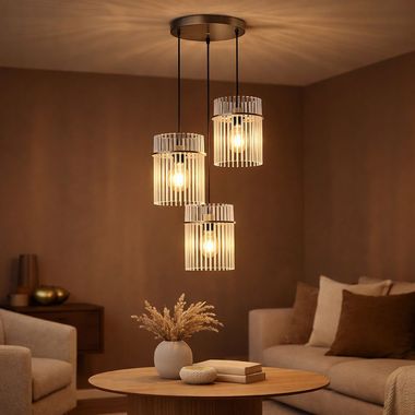 Hanglamp, metaal, goud, glazen staven, 3-vlam, H 140 cm