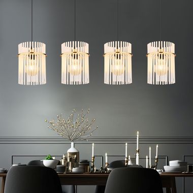 Hängeleuchte, 4 Flammig, Glasstäbe, gold, H 140 cm