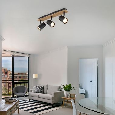 Ceiling light, 3-flame, movable, wood, black, L 41 cm