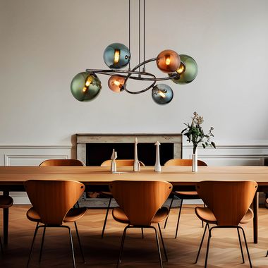 Lampa wisząca LED, szary mat, wielokolorowe szklane klosze, wys. 120 cm