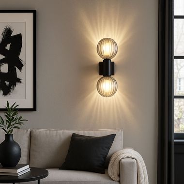 Wall light, spheres, smoked glass, black, IP44, H 26.5 cm