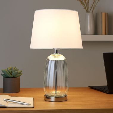 Tafellamp, glas, textiel, zilver, verchroomd, H 52 cm