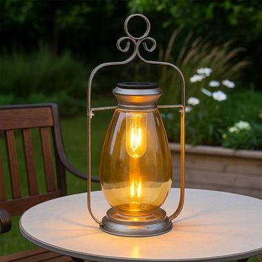 LED-zonnelamp, lantaarn, zilver, amberkleurig glas, IP44, H 36,5 cm