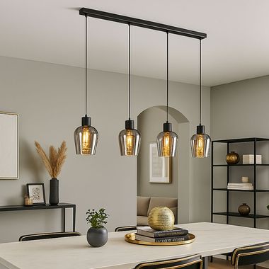 Pendant light, black, smoke-coloured glass, H 150 cm