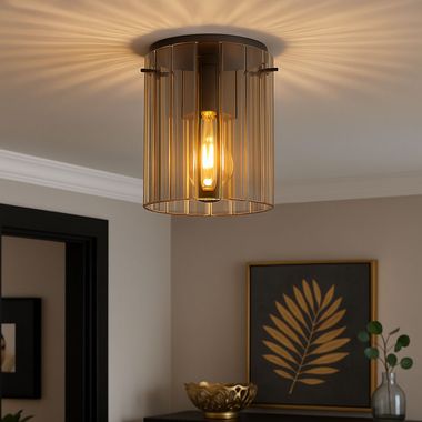 Plafonnier, métal gris, verre, ambre, H 23 cm