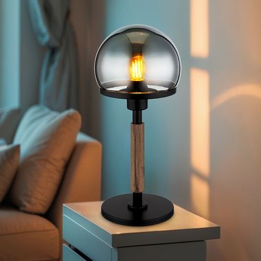 Tischleuchte, Holzlampe, Glas, rauchfarben, H 40 cm