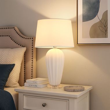Lampe de table, céramique, textile, blanc, H 59 cm